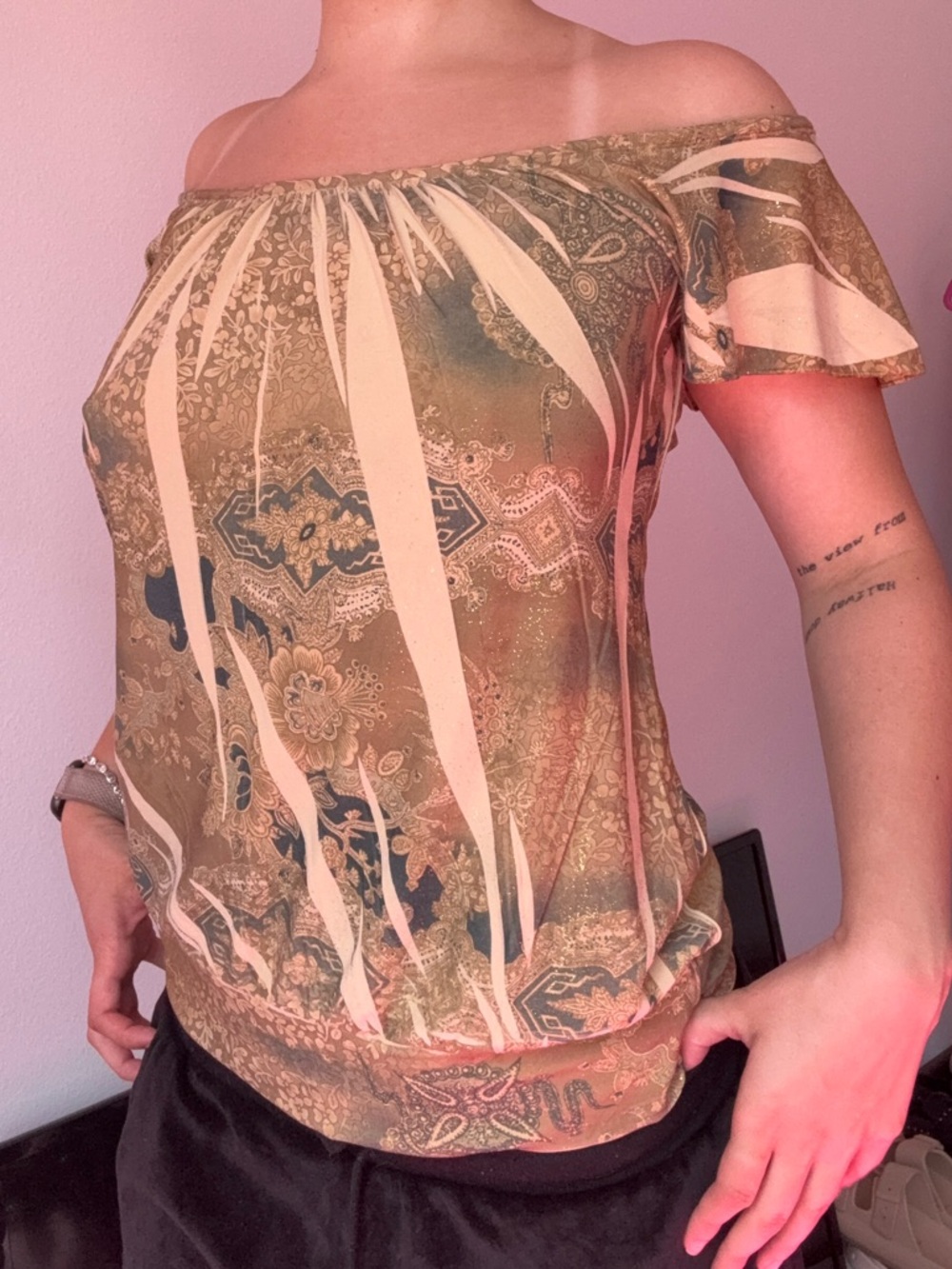 MKM Designs Olive and Cream Off-Shoulder Paisley Print Top